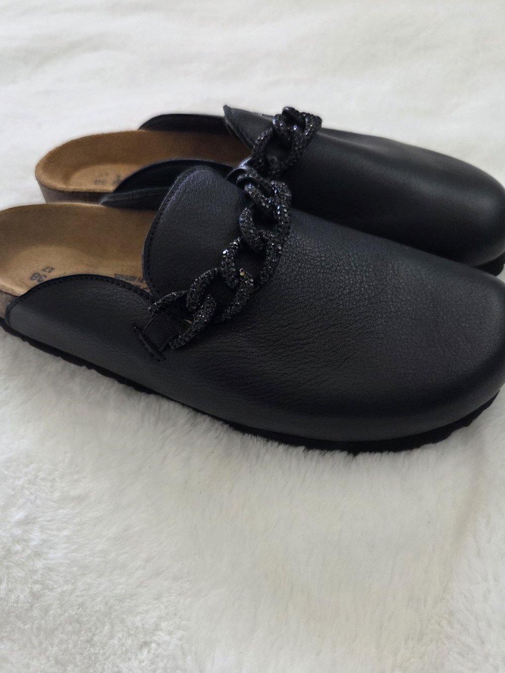 Naot Memphis Black Leather Slip-On Mules with Sparkle Chain